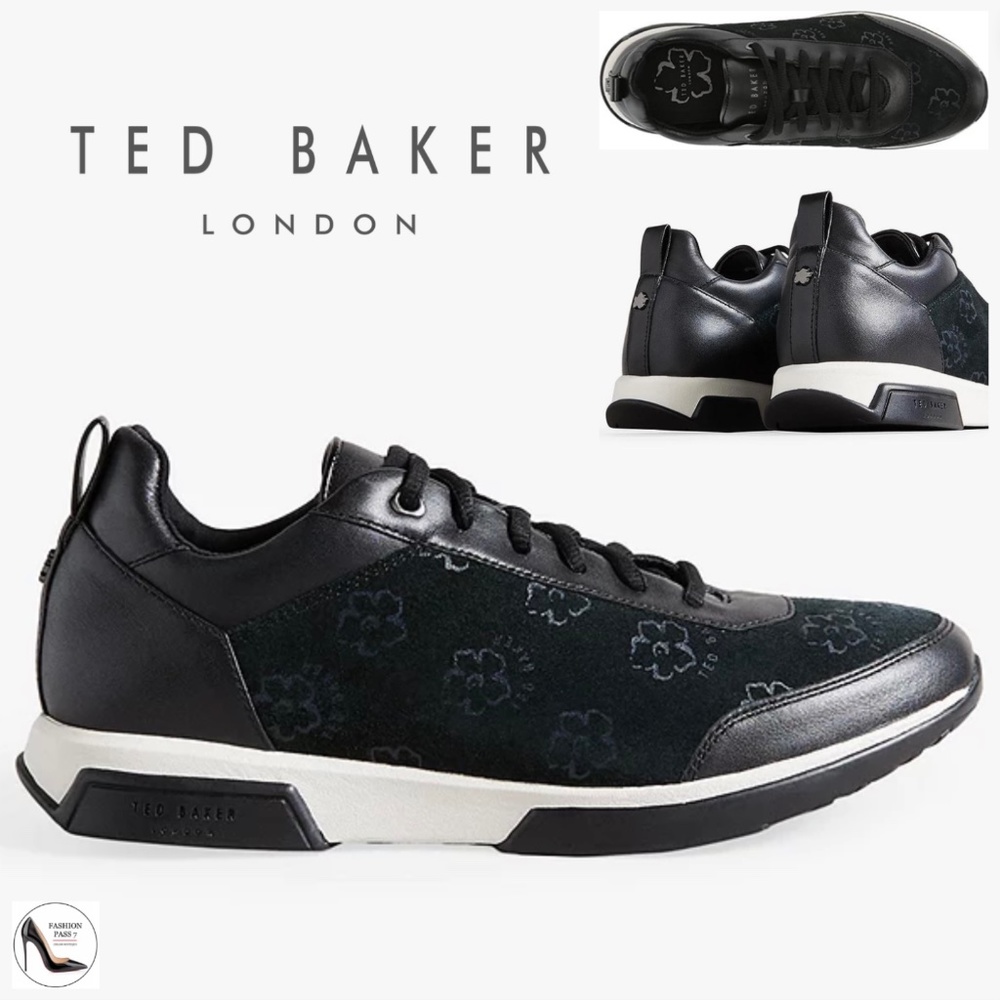 Ted Baker Aylaa Black Leather Floral Trainers Magnolia-Print Fashion Sneakers 7 - Picture 1 of 12